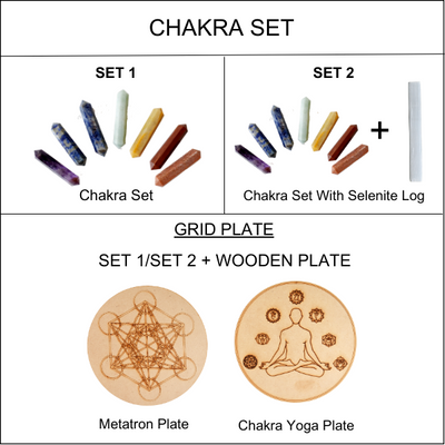 Chakra Crystals Points Set, 7 Chakra Stones Point Set with Wooden Grid Plate, Selenite Log