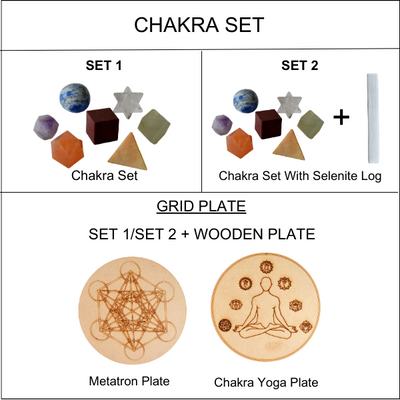 Chakra Crystals Geometric Set, 7 Chakra Plato Stones with Wooden Grid Plate, Selenite Log