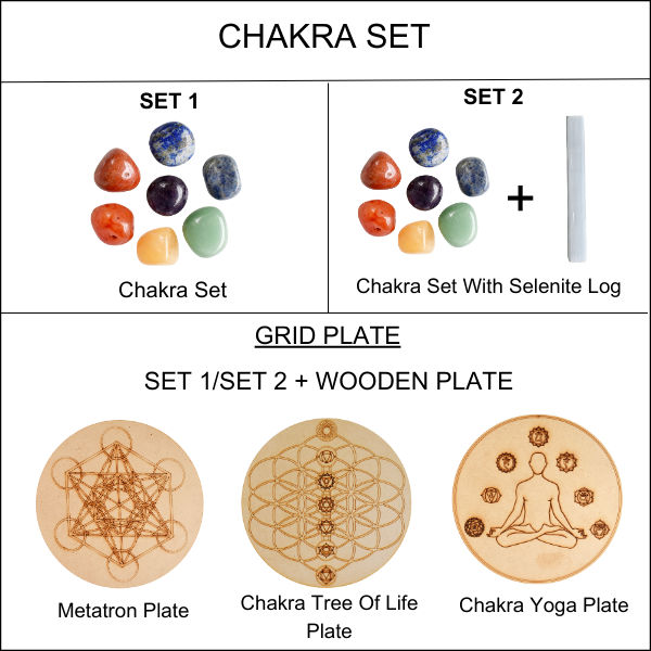 Chakra Tumbled Crystals Set, 7 Chakra Stones Set,  Wooden Grid Plate, Selenite Log