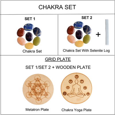 7 Chakra Crystals Worry Stones Set with Wooden Grid Plate, Selenite Log