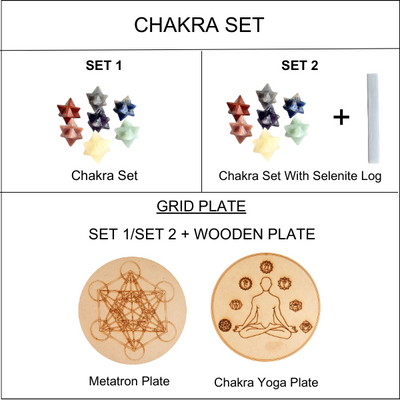7 Chakra Merkaba Set,  Chakra Crystals Set with Wooden Grid Plate, Selenite Log