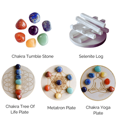Chakra Tumbled Crystals Set, 7 Chakra Stones Set,  Wooden Grid Plate, Selenite Log