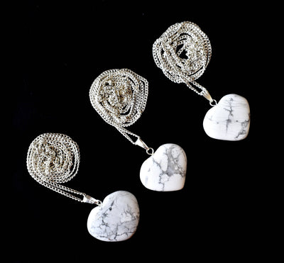 Polished Howlite Crystal Heart Pendant, Genuine Heart Shaped Necklaces