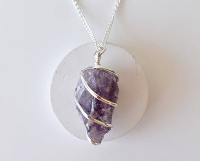 Amethyst Raw Gemstone Pendant, Wire Wrapped Crystal Stone Pendant