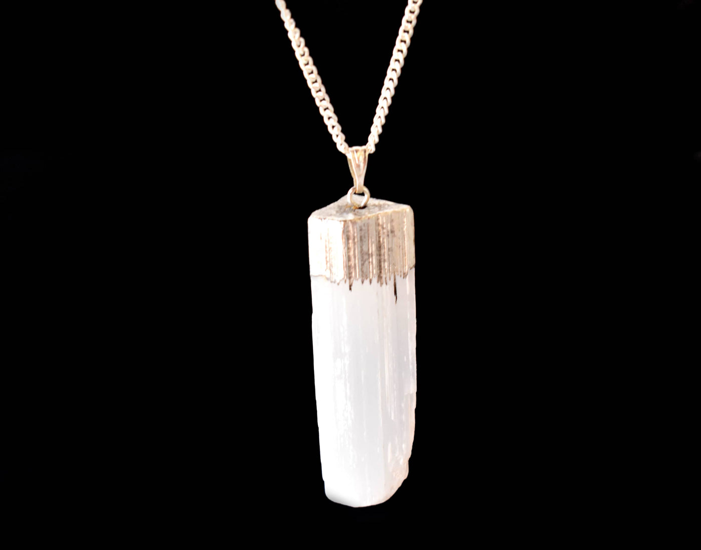 Selenite Rough Stone Pendants, Natural Electroplated Silver Crystals with Chain