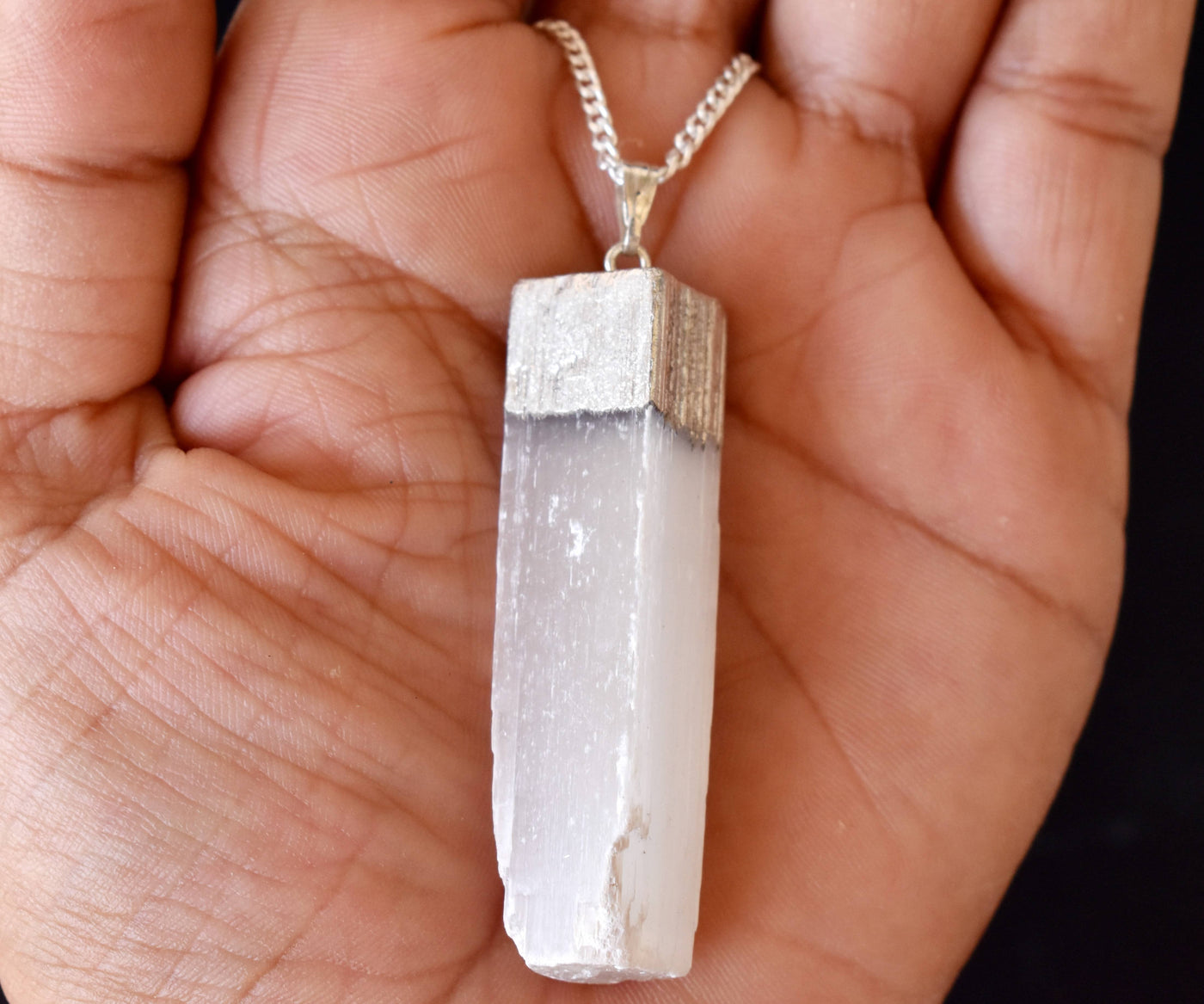 Selenite Rough Stone Pendants, Natural Electroplated Silver Crystals with Chain