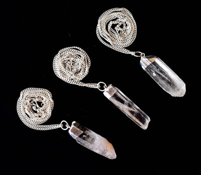 Clear Quartz Rough Stone Pendants, Electroplated Silver Real Crystal Necklaces