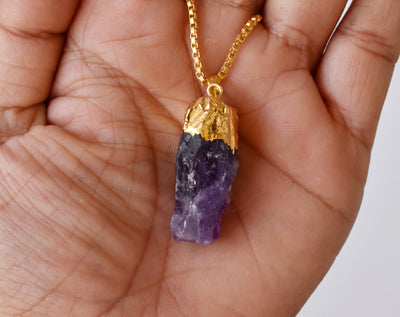 Amethyst Rough Stone Pendants, Natural Gemstone Electroplated Gold Necklaces.