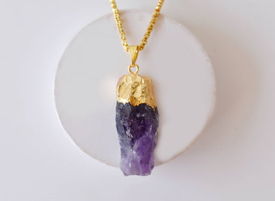 Amethyst Rough Stone Pendants, Natural Gemstone Electroplated Gold Necklaces.