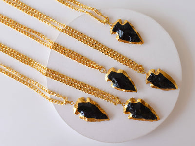 Black Obsidian Arrowhead Pendant ~ Electroplated Gold Crystals Pendants with Chain