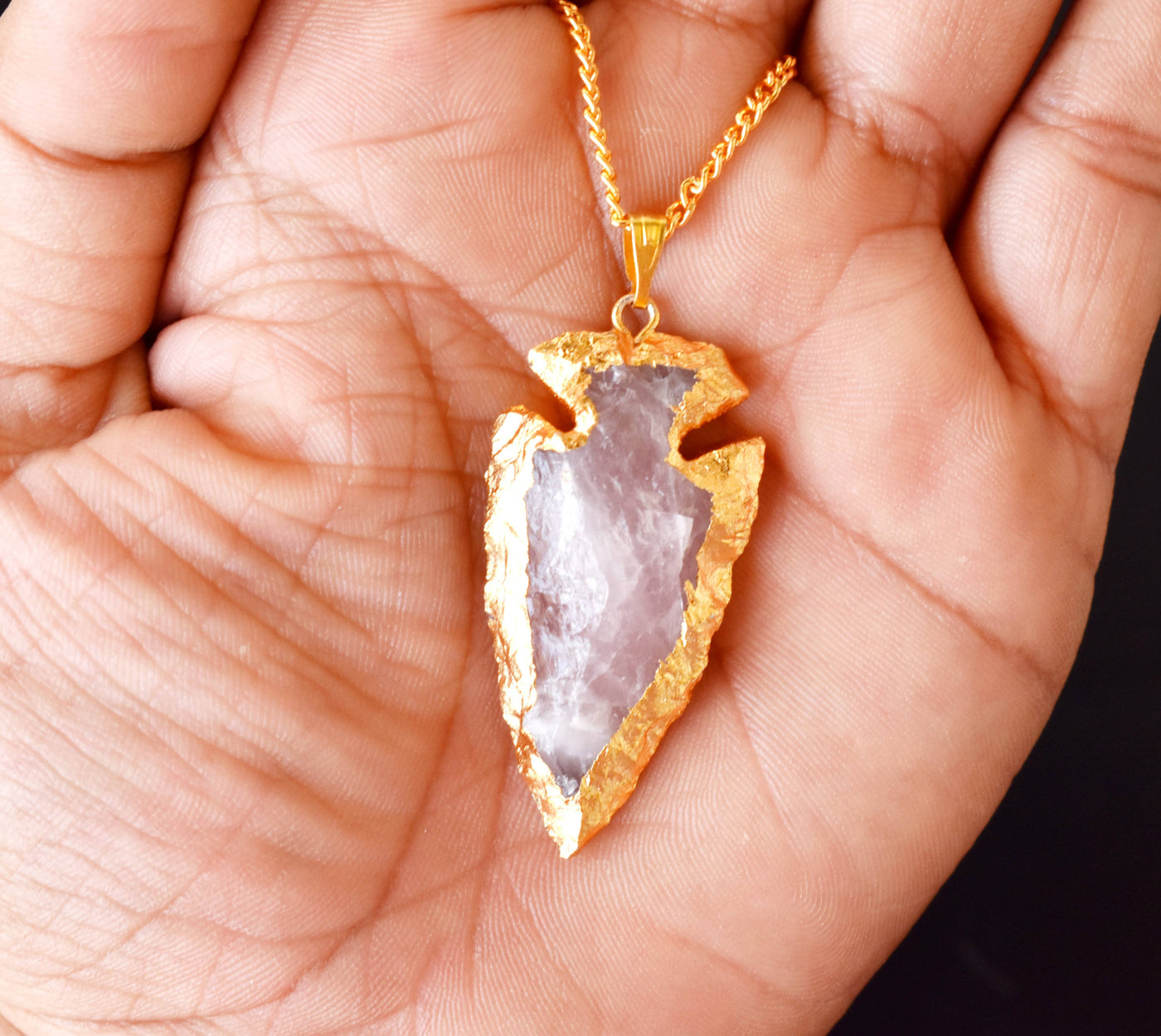 Rose Quartz Arrowheads Pendants, Electroplated Gold Crystals Pendants with Chain