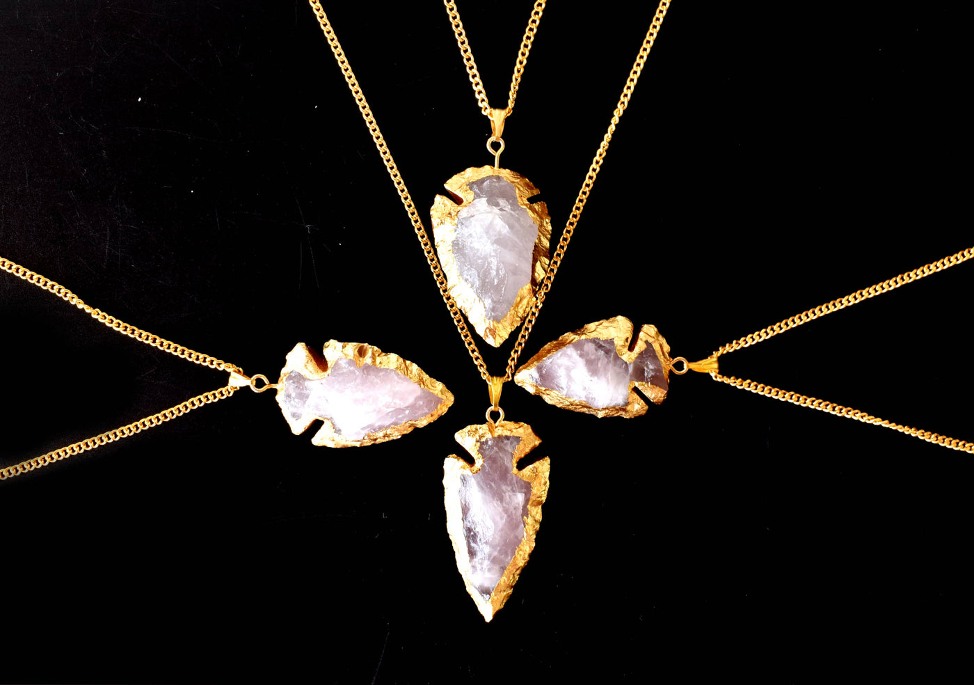 Rose Quartz Arrowheads Pendants, Electroplated Gold Crystals Pendants with Chain