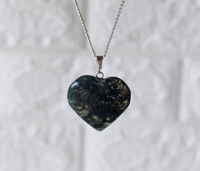 Real Moss Agate Crystal Heart Pendant, Genuine Heart Shaped Necklaces, Polished Gemstone Charm