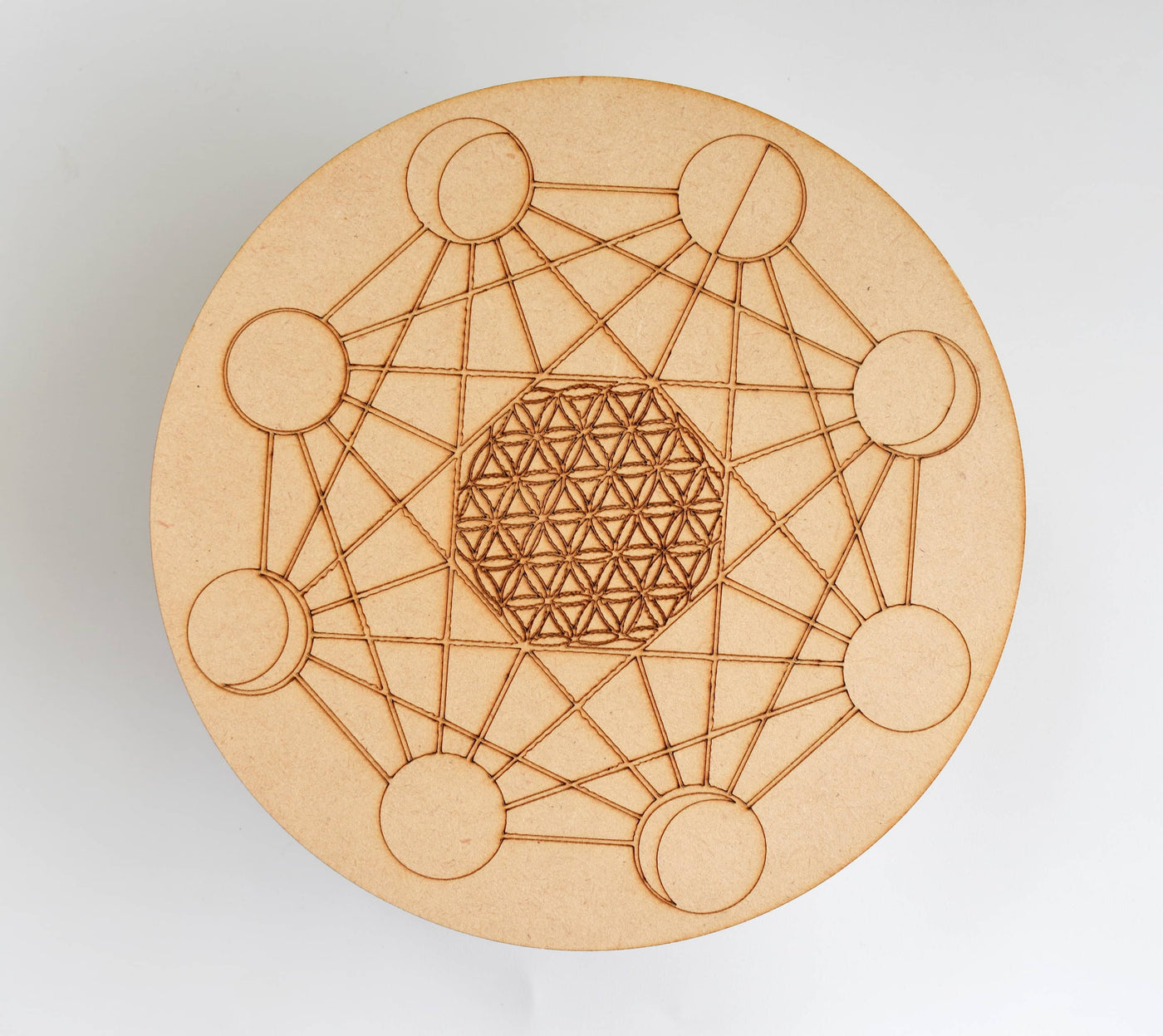 Metatron Cube Crystal Grid Board, 6" Wooden Crystal Grid Plate
