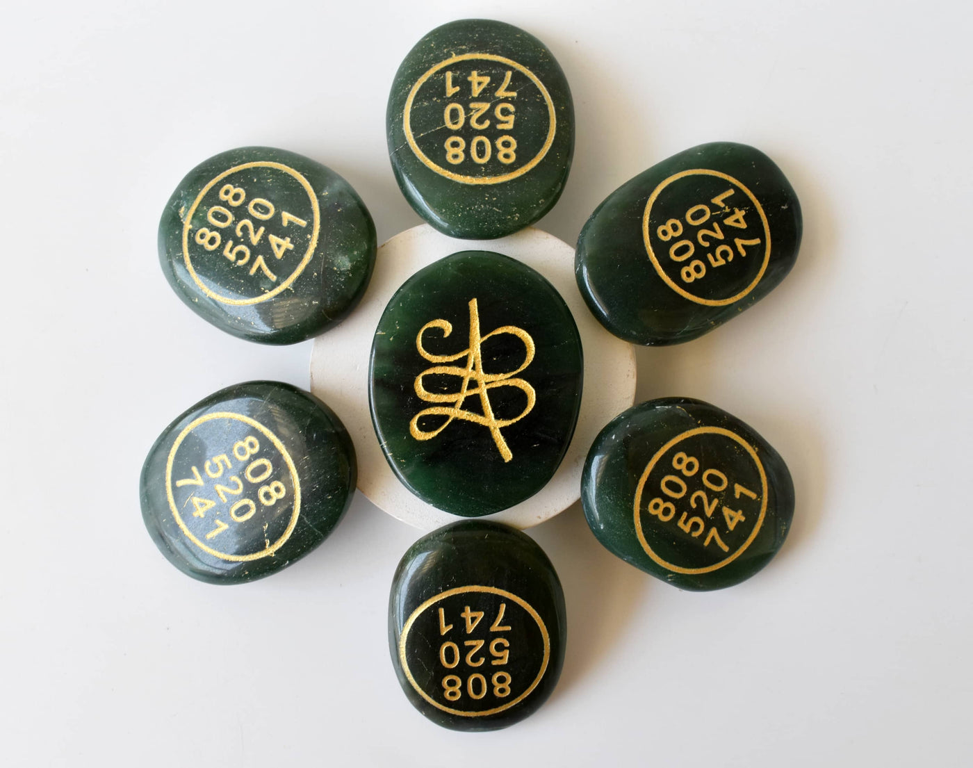 Polished Green Jade Zibu Stones, Flat Oval Engraved Stones (Wealth and Attraction)