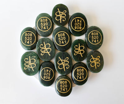Polished Green Jade Zibu Stones, Flat Oval Engraved Stones (Wealth and Attraction)