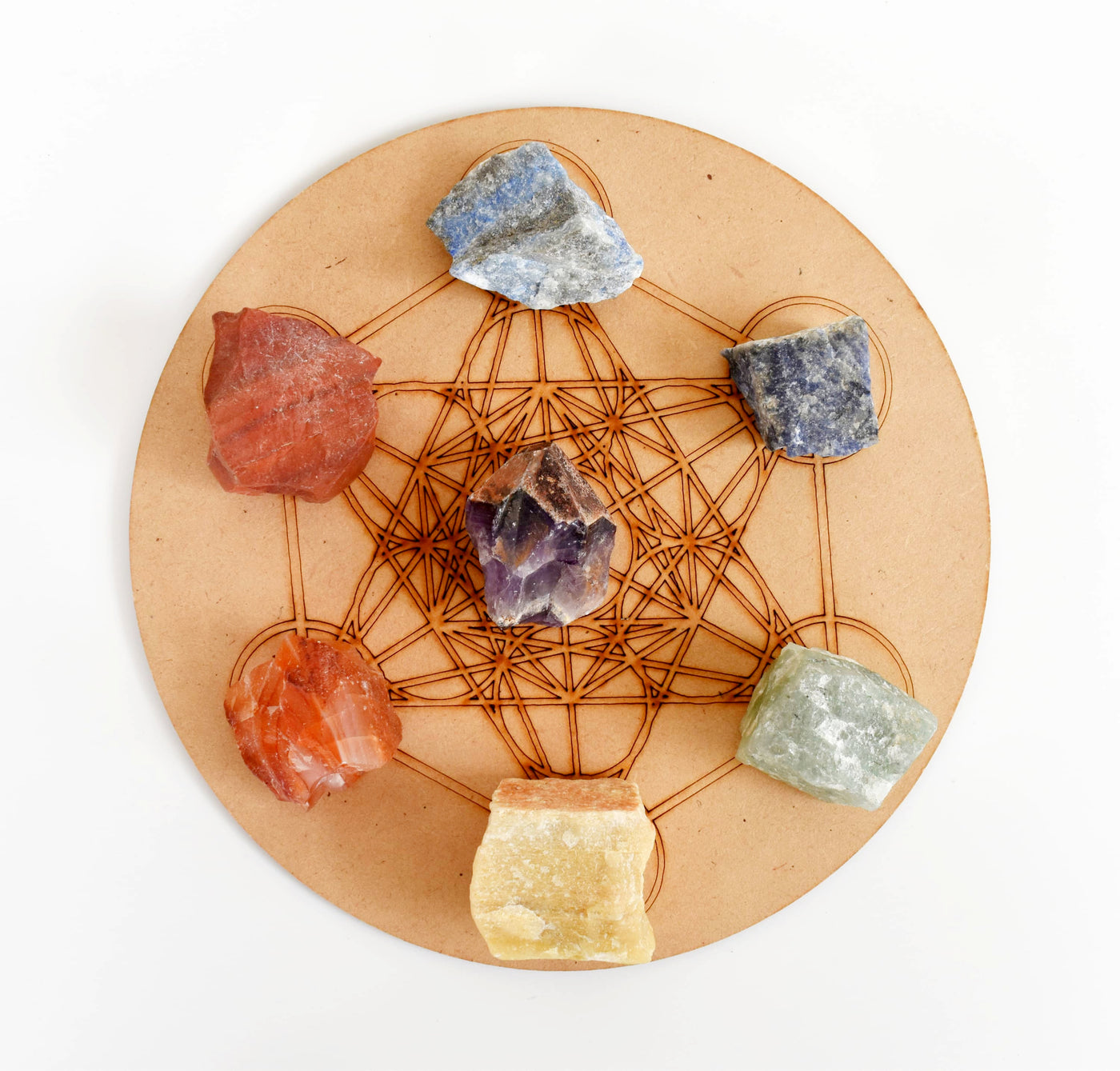 Chakra Crystals Set, 7 Chakra Rough Stones Set, Wooden Grid Plate, Selenite Log