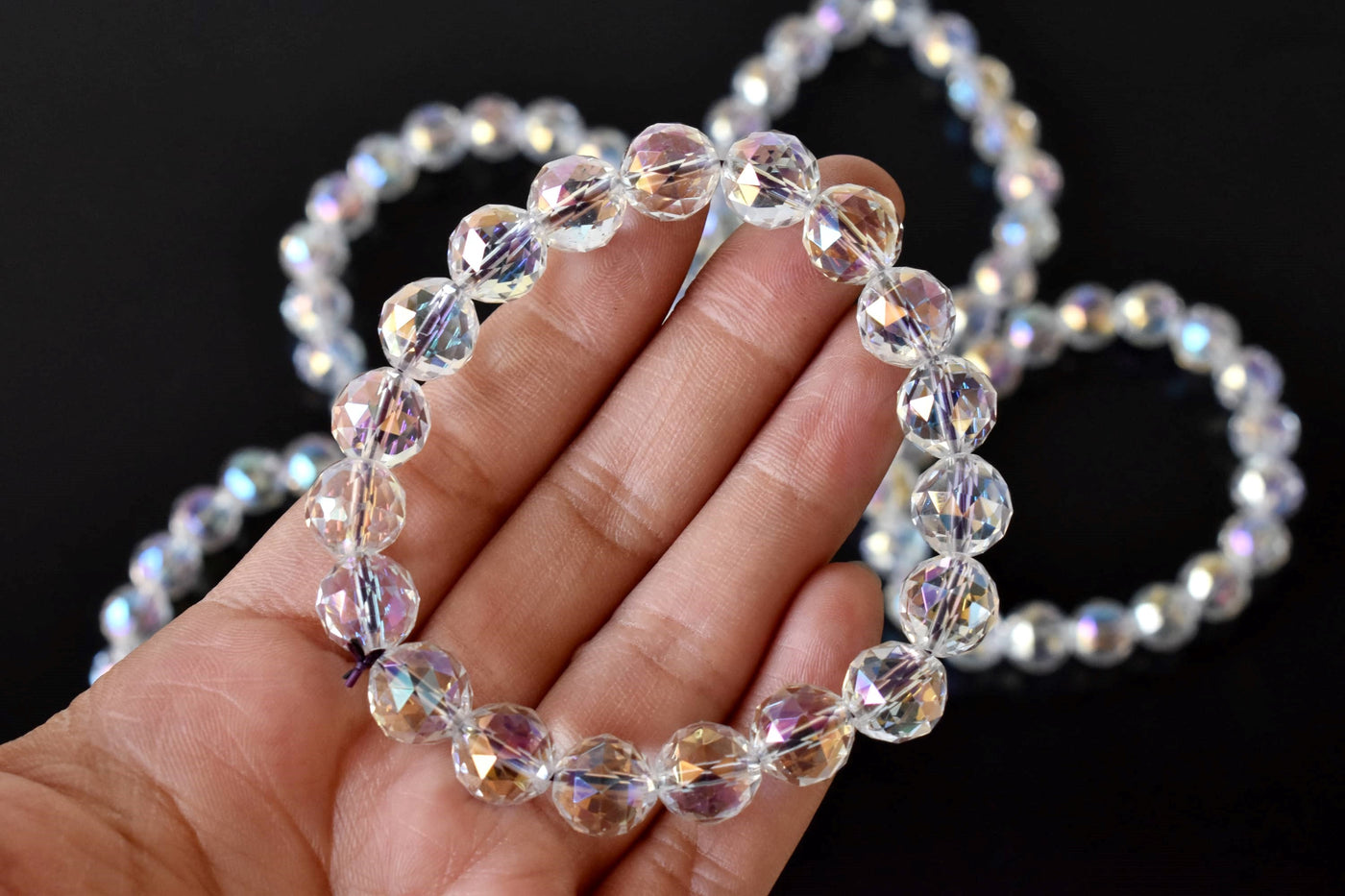 Aura Quartz Rainbow Moonstone Bracelet, Bracelet en cristal de perles à facettes de 10 mm