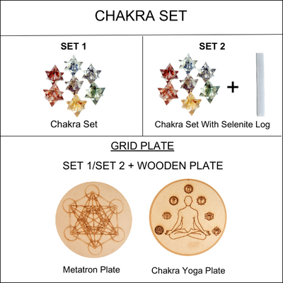 7 Chakra Orgone Merkaba Set,  Chakra Crystals Set with Wooden Grid Plate, Selenite Log