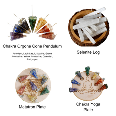 Chakra Crystals Orgone Pendulums Set, with Wooden Grid Plate, Selenite Log