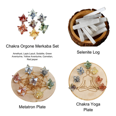 7 Chakra Orgone Merkaba Set,  Chakra Crystals Set with Wooden Grid Plate, Selenite Log