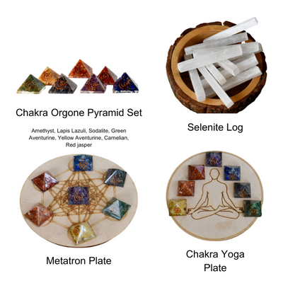 Chakra Crystals Orgone Pyramids Set, Wooden Grid Plate, Selenite Log