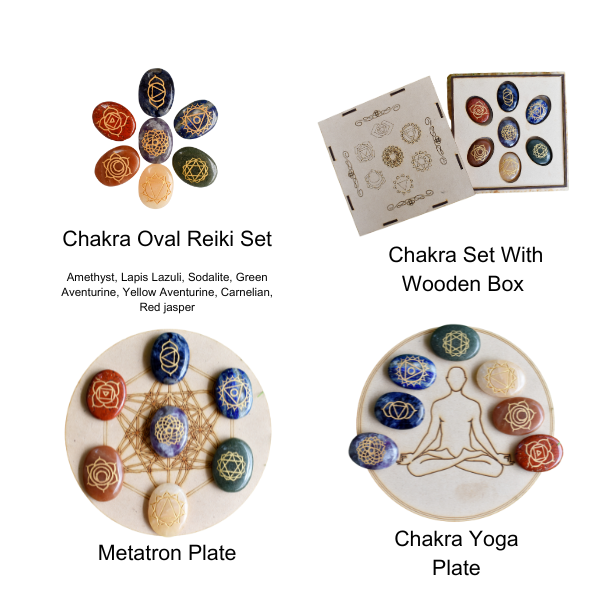 Chakra Crystals Set, Oval Reiki 7 Chakra Stones Set, Wooden Grid Plate, Selenite Log