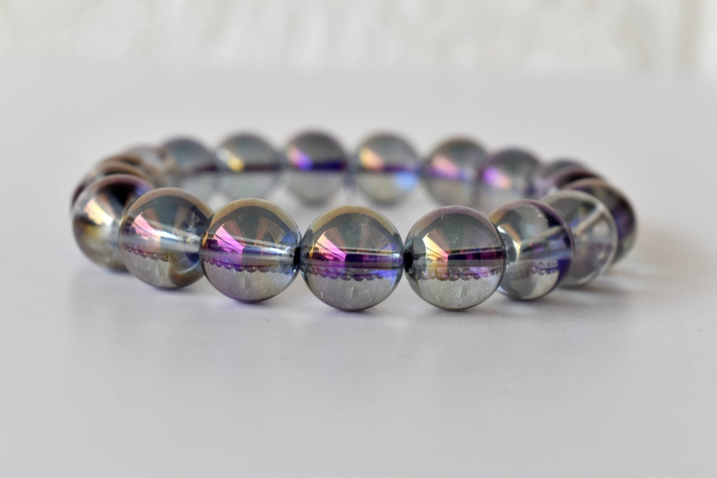 Bracelet en améthyste quartz naturel Aura, bracelet en cristal perlé rond de 10 mm