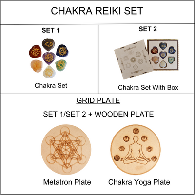 Chakra Crystals Set, Heart Shaped Reiki 7 Chakra Stones Set, Wooden Grid Plate, Selenite Log