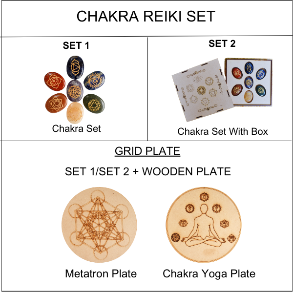 Chakra Crystals Set, Oval Reiki 7 Chakra Stones Set, Wooden Grid Plate, Selenite Log