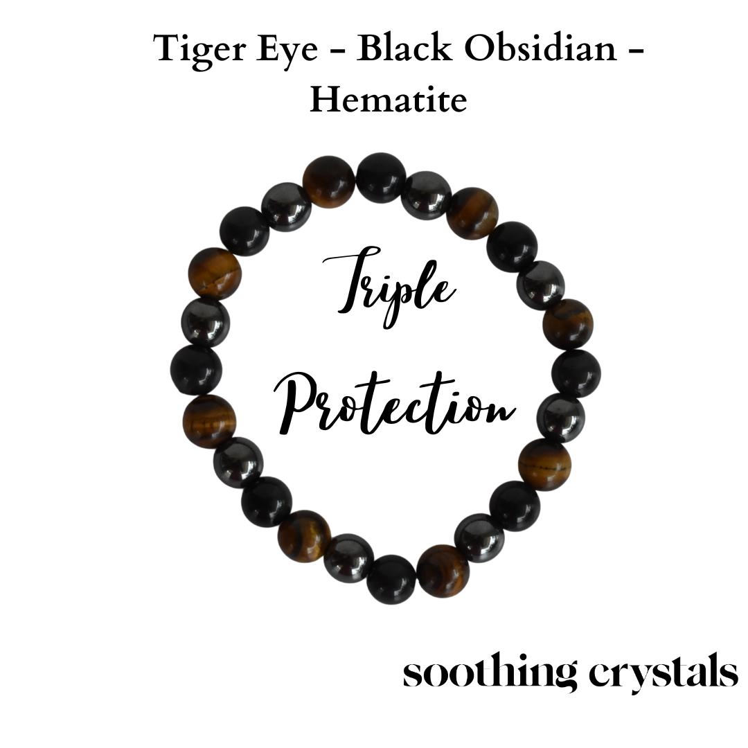 TRIPLE PROTECTION Crystal Bracelet (Tiger Eye, Black Obsidian, Hematite)