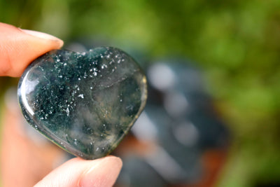 Moss Agate Heart Crystal, Puffy Mini 1 Inch Pocket Crystal Heart