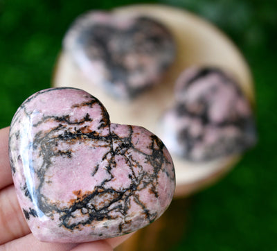 Polished Rhodonite Heart Crystal, 2 Inch Pocket Heart Large Puffy Crystal Heart