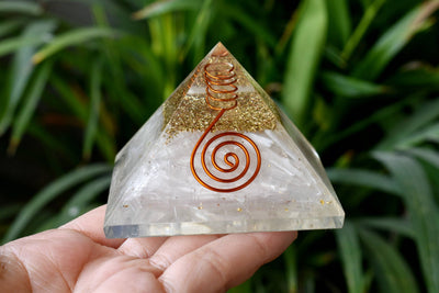 Selenite Orgone pyramid with Clear Quartz Crystal Pencil
