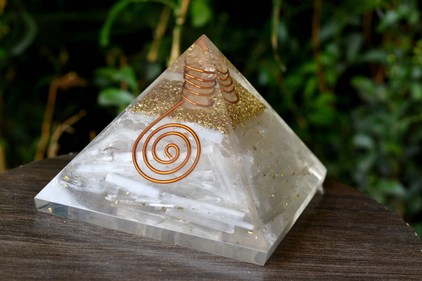 Selenite Orgone pyramid with Clear Quartz Crystal Pencil