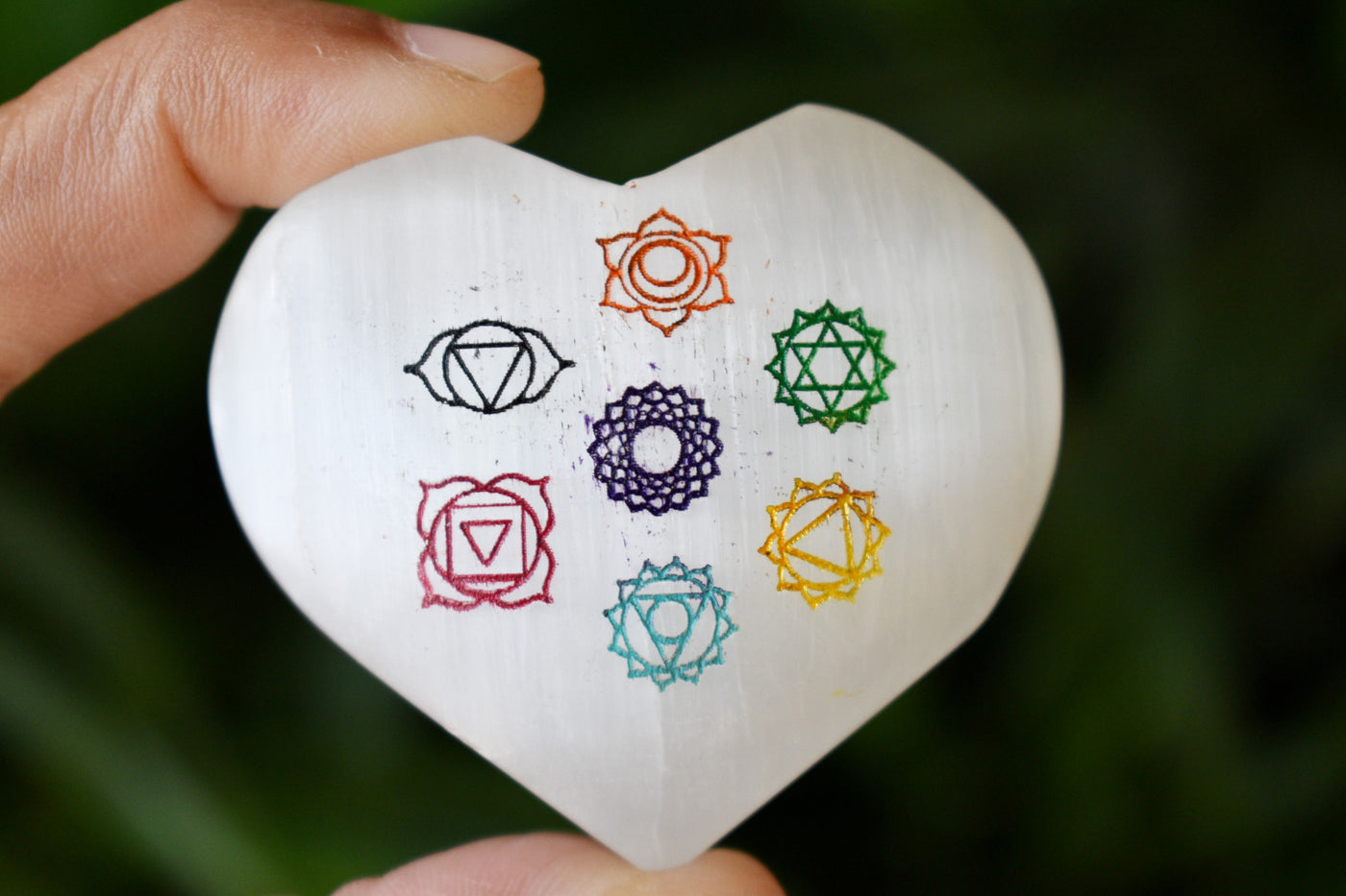 2" Selenite Heart with 7 Chakra Symbols
