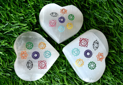 2" Selenite Heart with 7 Chakra Symbols