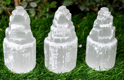 Natural Rough Selenite Swirl Towers, 4" Genuine Healing White Spiral Crystal