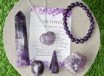 Amethyst Crystal Gift Set For Emotional Support and Protection, Real Polished Gemstones.-gift or crystal beginners. 