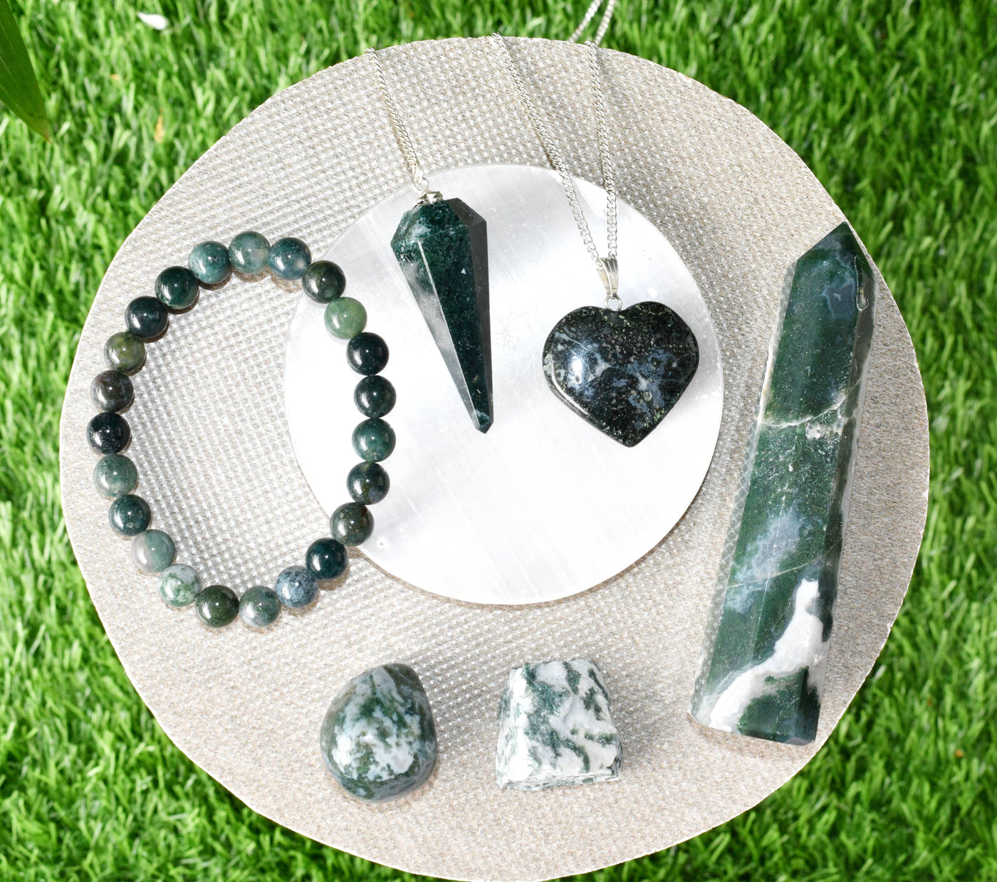 Moss Agate Crystal Gift Set For Emotional Support and Protection, Real Polished Gemstones.