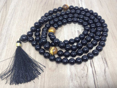 One (1) Natural 8mm Black Onyx With 3 Tiger Eye Beads Mala With 108 Prayer Beads ~ JP505