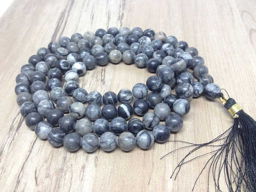 One (1) Natural 8mm Picasso Jasper Mala With 108 Prayer Beads Mala With Necklace Mala  ~ JP530