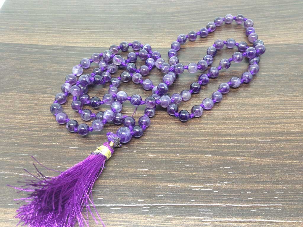 One (1) Natural 6mm Amethyst Knotted Mala With 108 Prayer Beads For Mediation