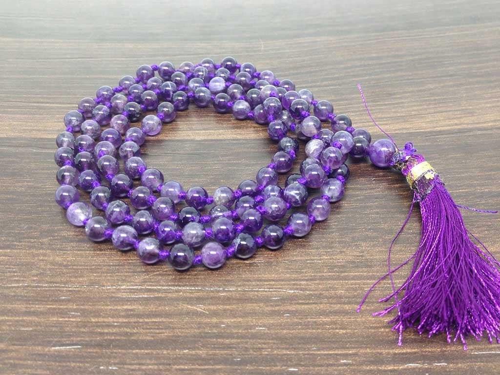 One (1) Natural 6mm Amethyst Knotted Mala With 108 Prayer Beads For Mediation