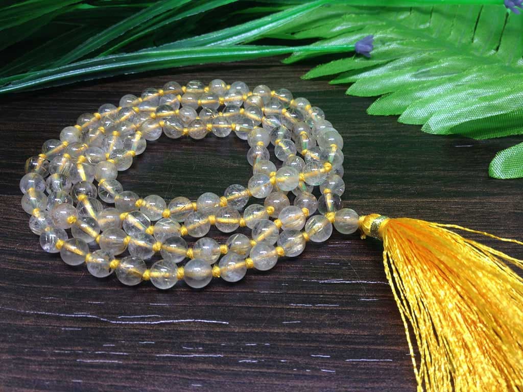 One (1) Natural 6mm Golden Rutile Knotted Mala With 108 Prayer Beads For Mediation Golden Rutile Mala ~ JP123