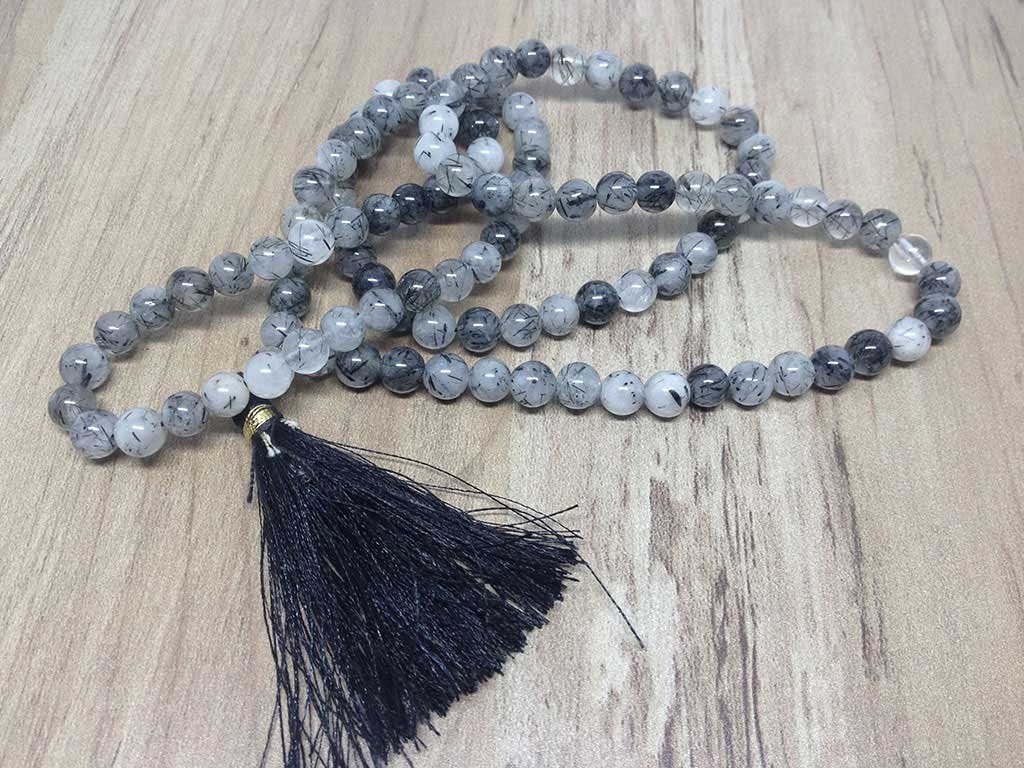 One (1) Natural 6mm Black Rutile Mala With 108 Prayer Beads For Mediation Tibetan Mala Black Rutile Jap mala Necklace ~ JP111