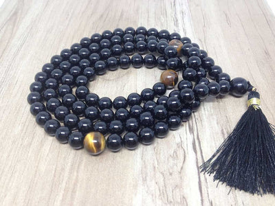 One (1) Natural 8mm Black Onyx With 3 Tiger Eye Beads Mala With 108 Prayer Beads ~ JP505