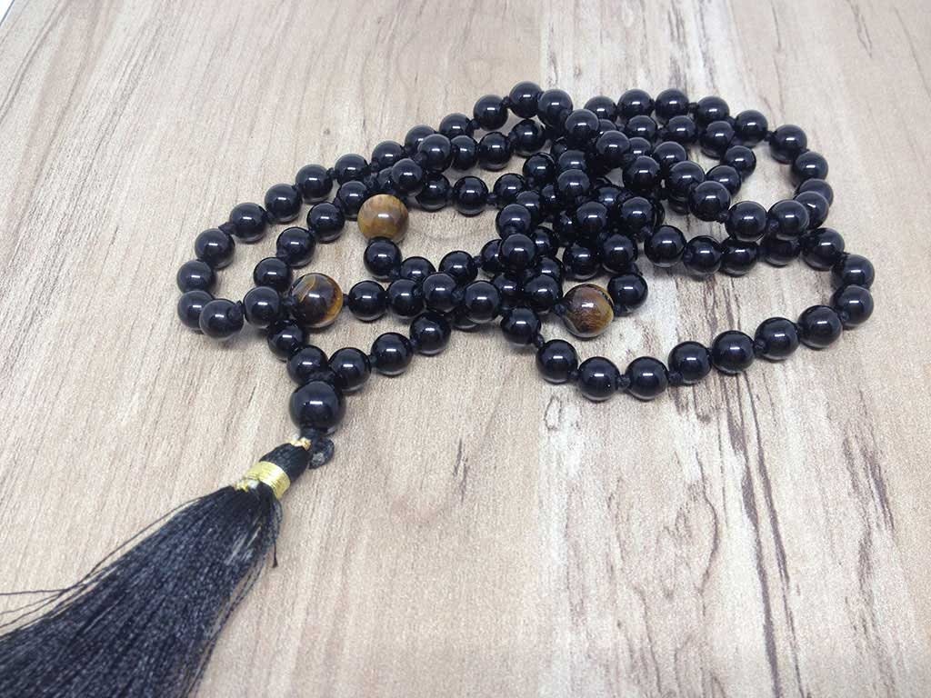 One (1) Natural 6mm Black onyx With 3 Tiger Eye Beads Knotted Mala With 108 Prayer Beads For Mediation Tibetan Mala Jap Mala ~ JP109