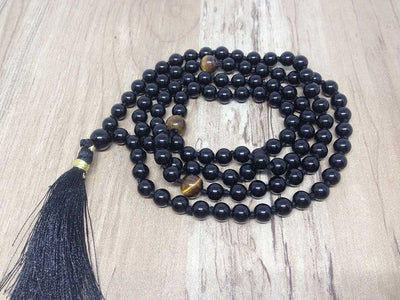 One (1) Natural 6mm Black onyx With 3 Tiger Eye Beads Knotted Mala With 108 Prayer Beads For Mediation Tibetan Mala Jap Mala ~ JP109