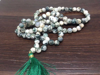 One (1) Natural 8mm Tree Agate Tibetan Jap Mala With 108 Prayer Beads Perfect For Mediation Spiritual Well Being ~ JP542